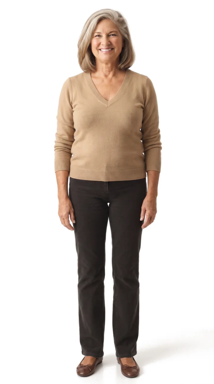 The same woman standing tall and relaxed, shoulders back, smiling and free of pain