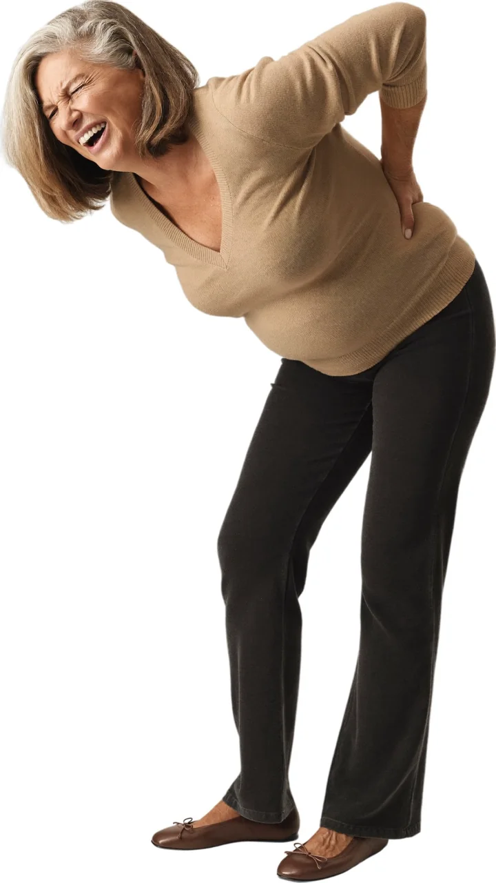 A woman in her forties stooped forward and wincing, one hand pressed to her aching lower back